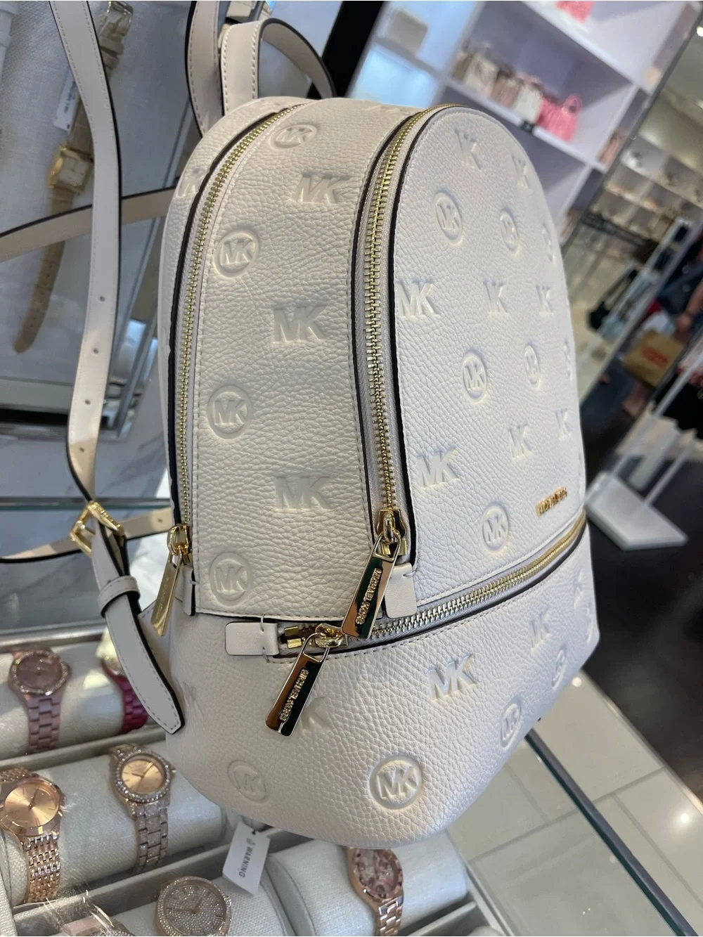 Michael Kors Rhea Medium Zip Logo Debossed Backpack Light Cream NWT